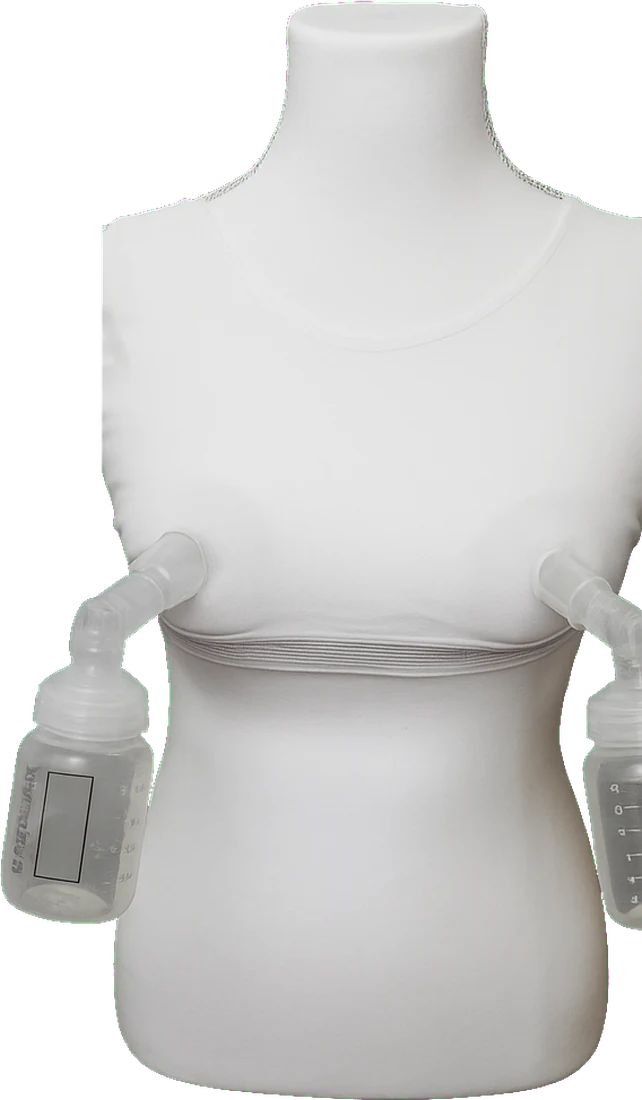 The PreemieBra worn on a form, holding two pump flanges and collection bottles hands-free